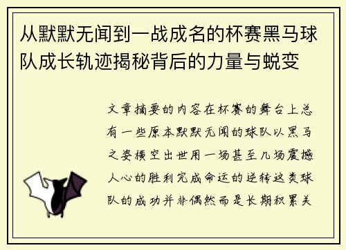 从默默无闻到一战成名的杯赛黑马球队成长轨迹揭秘背后的力量与蜕变